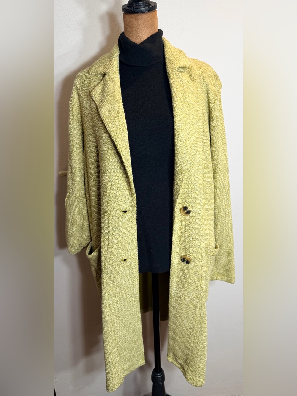 Textured Long Knit Cardigan in Yellow-Green